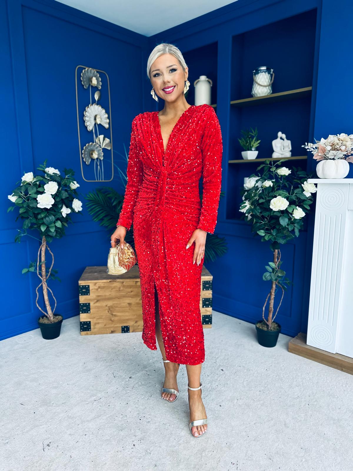 Darcy Sequin Occasion Midi Dress Red