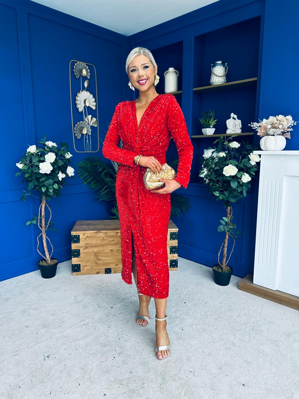 Darcy Sequin Occasion Midi Dress Red