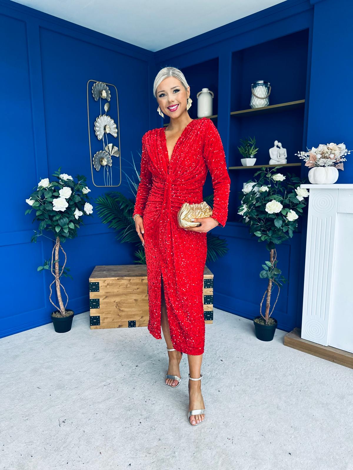 Darcy Sequin Occasion Midi Dress Red