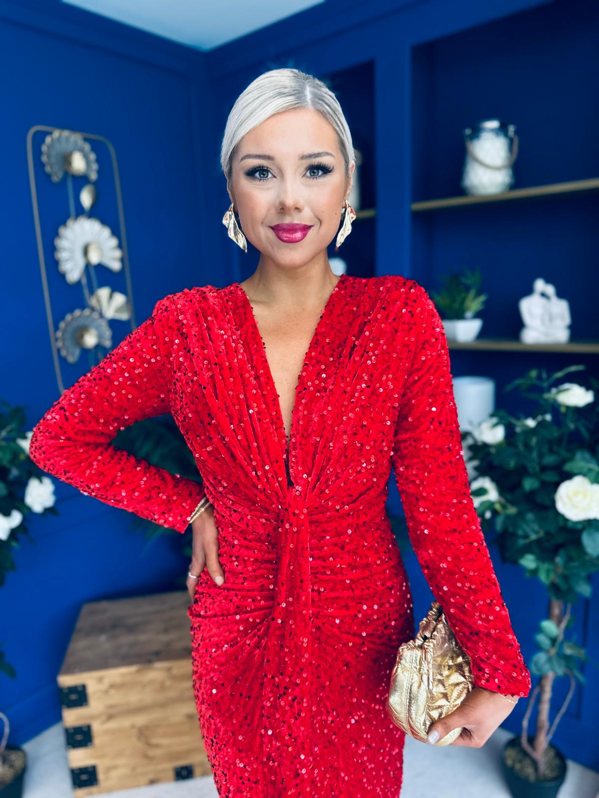 Darcy Sequin Occasion Midi Dress Red