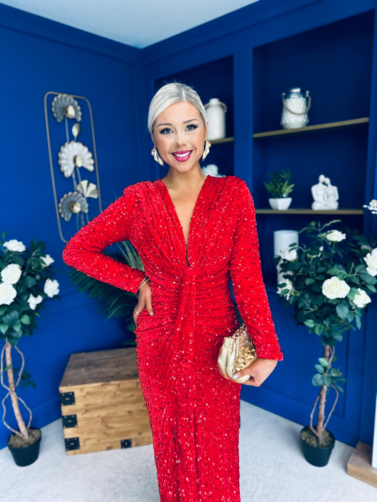 Darcy Sequin Occasion Midi Dress Red