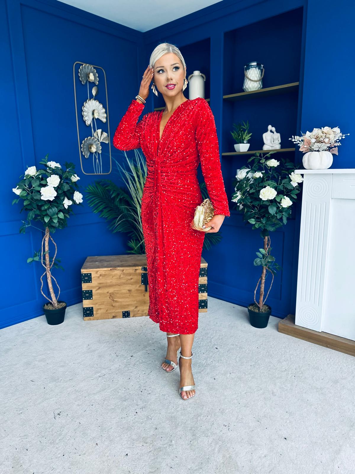 Darcy Sequin Occasion Midi Dress Red