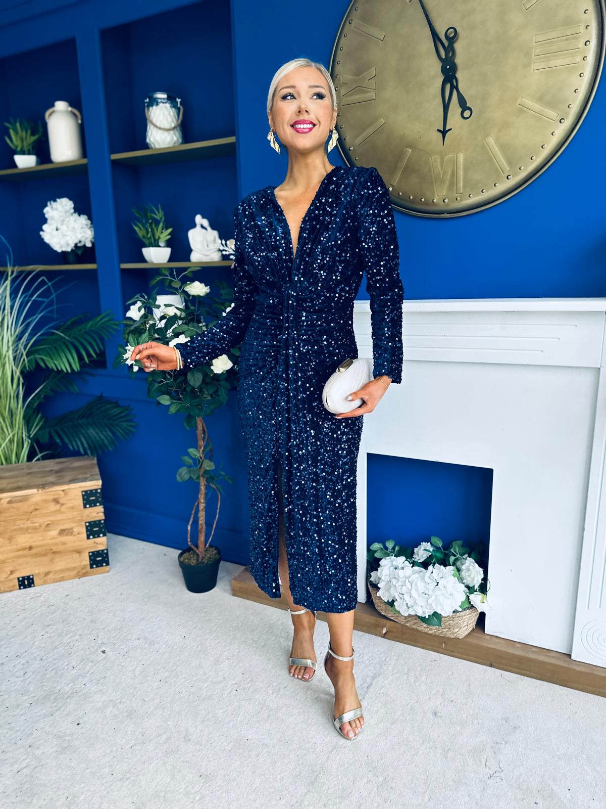 Darcy Sequin Occasion Midi Dress Navy