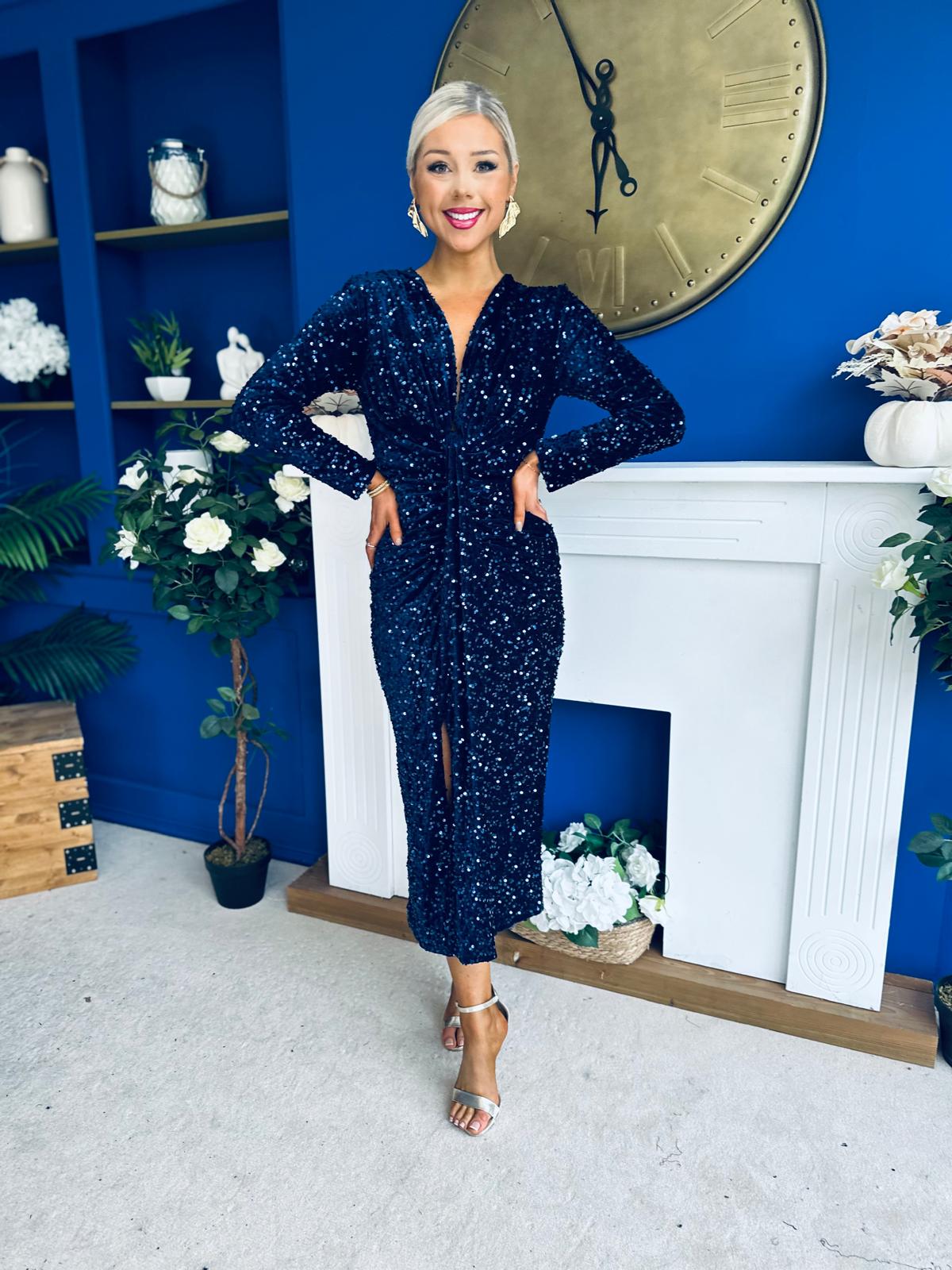 Darcy Sequin Occasion Midi Dress Navy