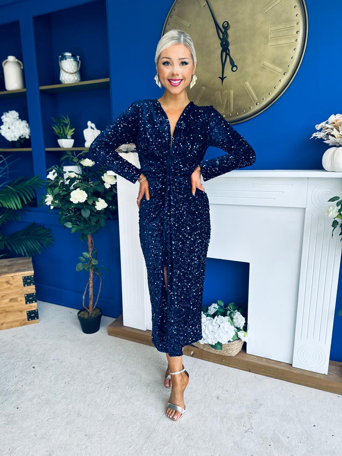 Darcy Sequin Occasion Midi Dress Navy