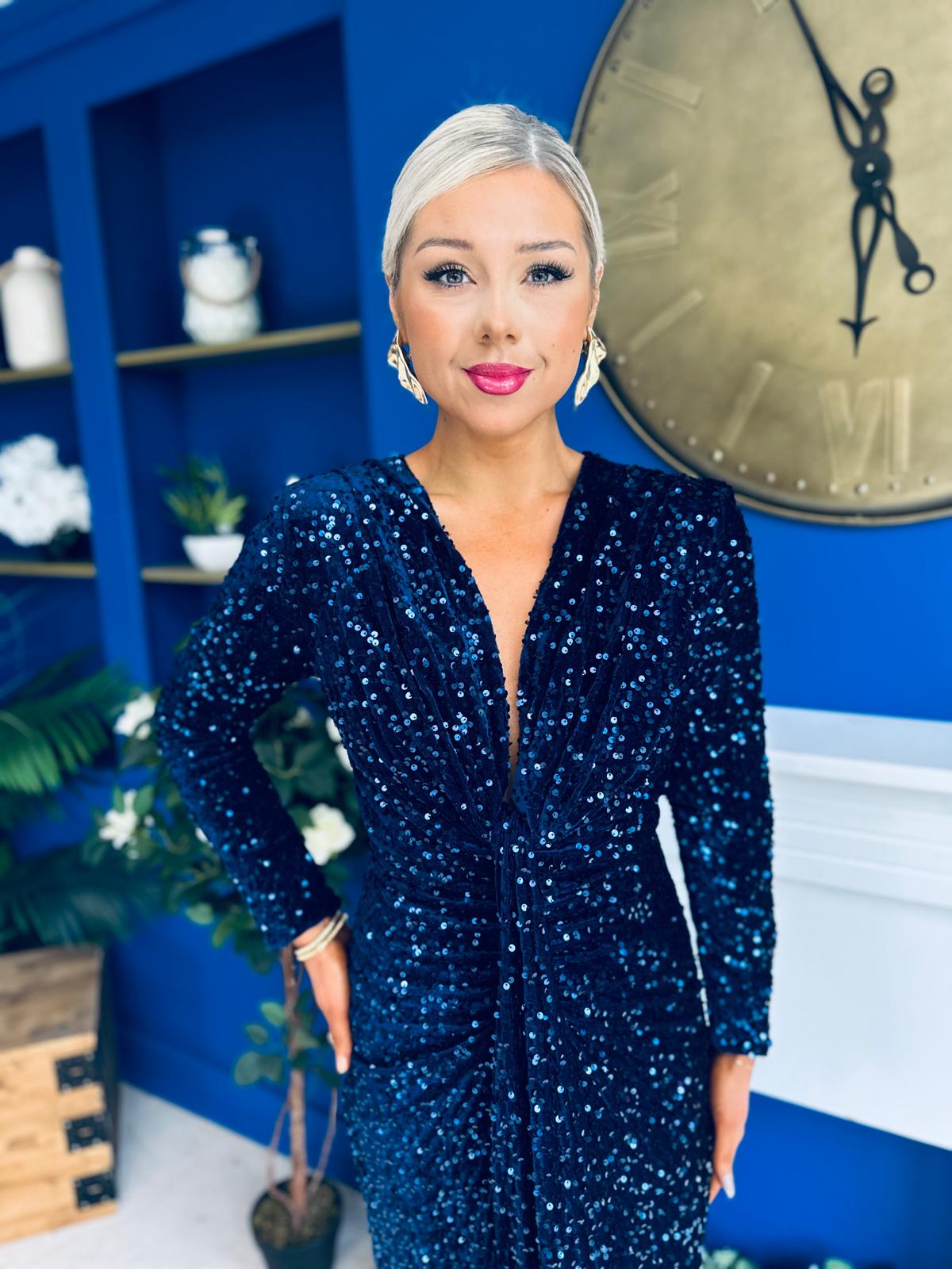 Darcy Sequin Occasion Midi Dress Navy