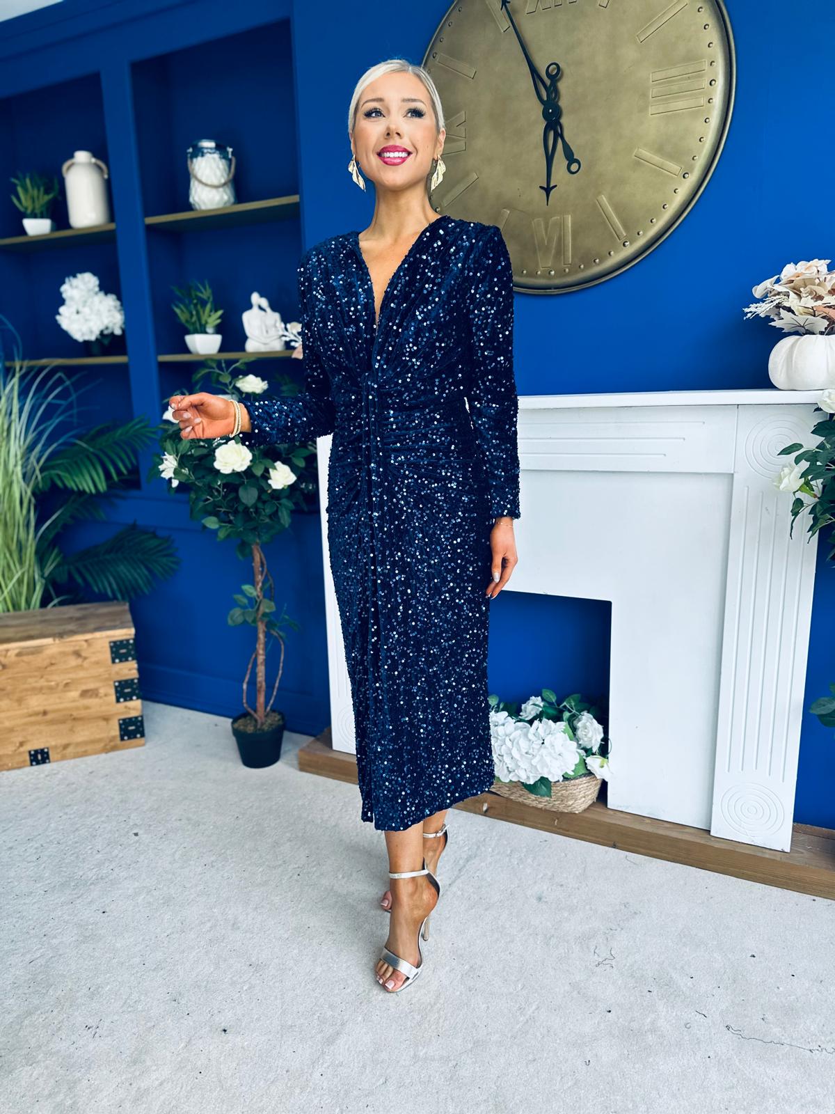 Darcy Sequin Occasion Midi Dress Navy