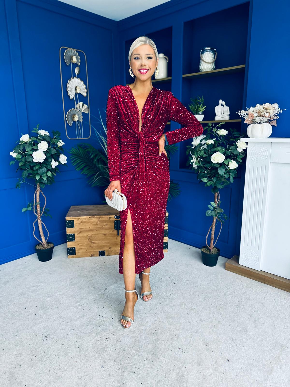 Darcy Sequin Occasion Midi Dress Wine