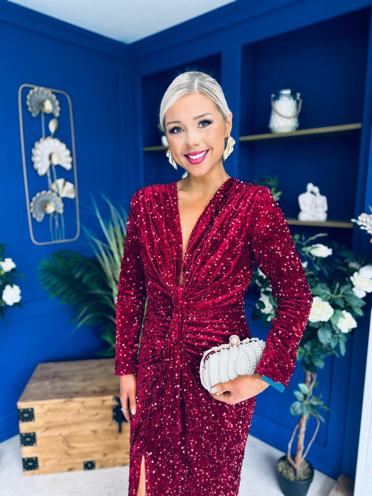 Darcy Sequin Occasion Midi Dress Wine