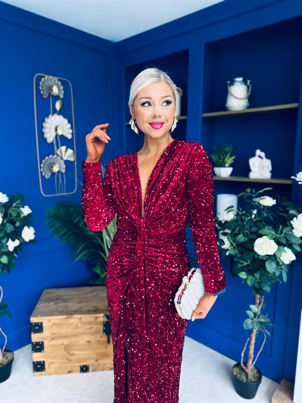 Darcy Sequin Occasion Midi Dress Wine