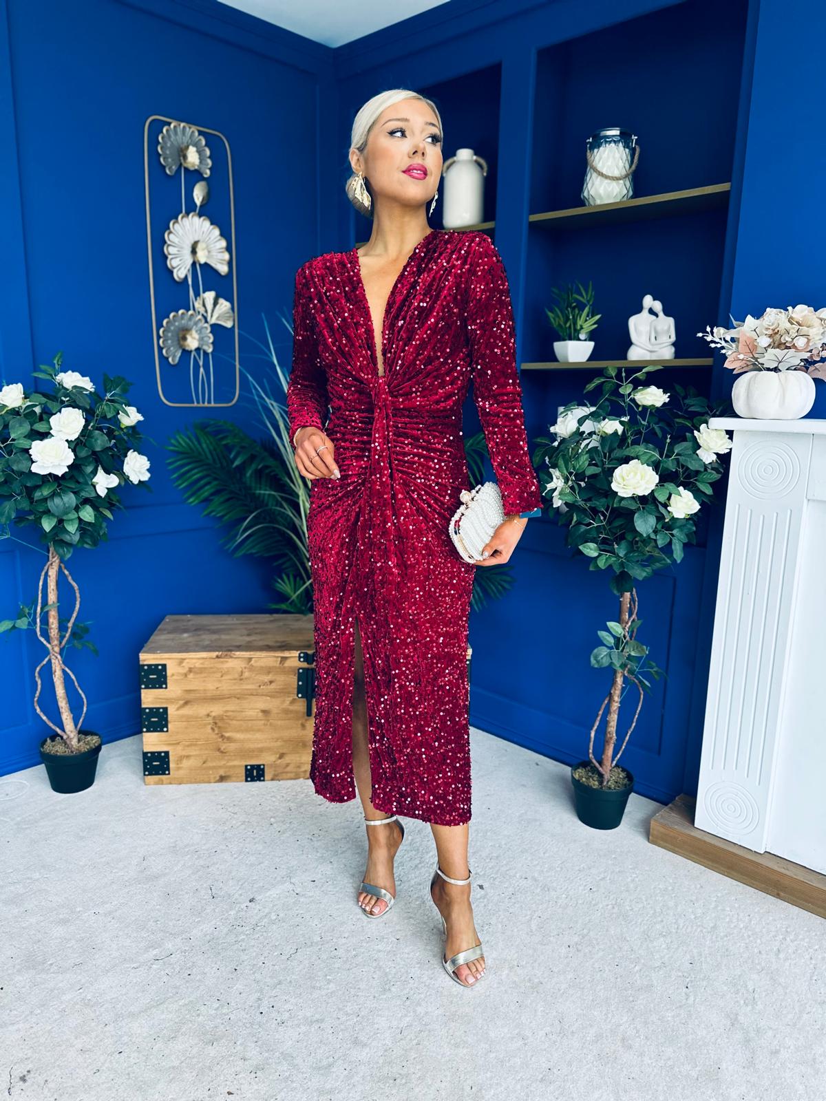 Darcy Sequin Occasion Midi Dress Wine