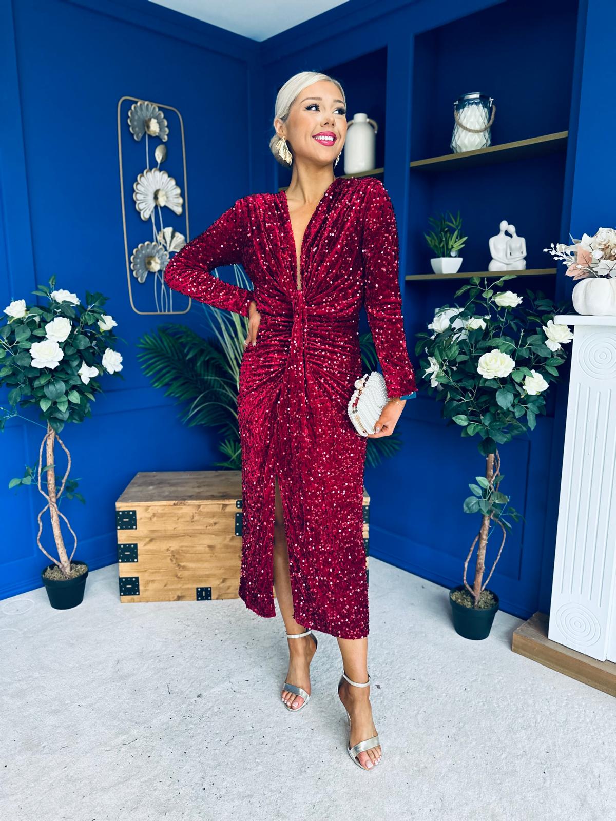 Darcy Sequin Occasion Midi Dress Wine