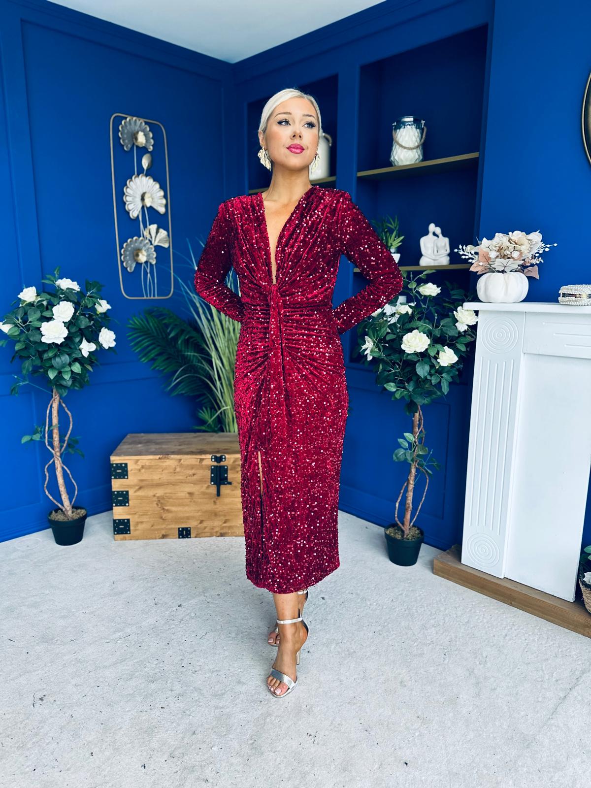 Darcy Sequin Occasion Midi Dress Wine