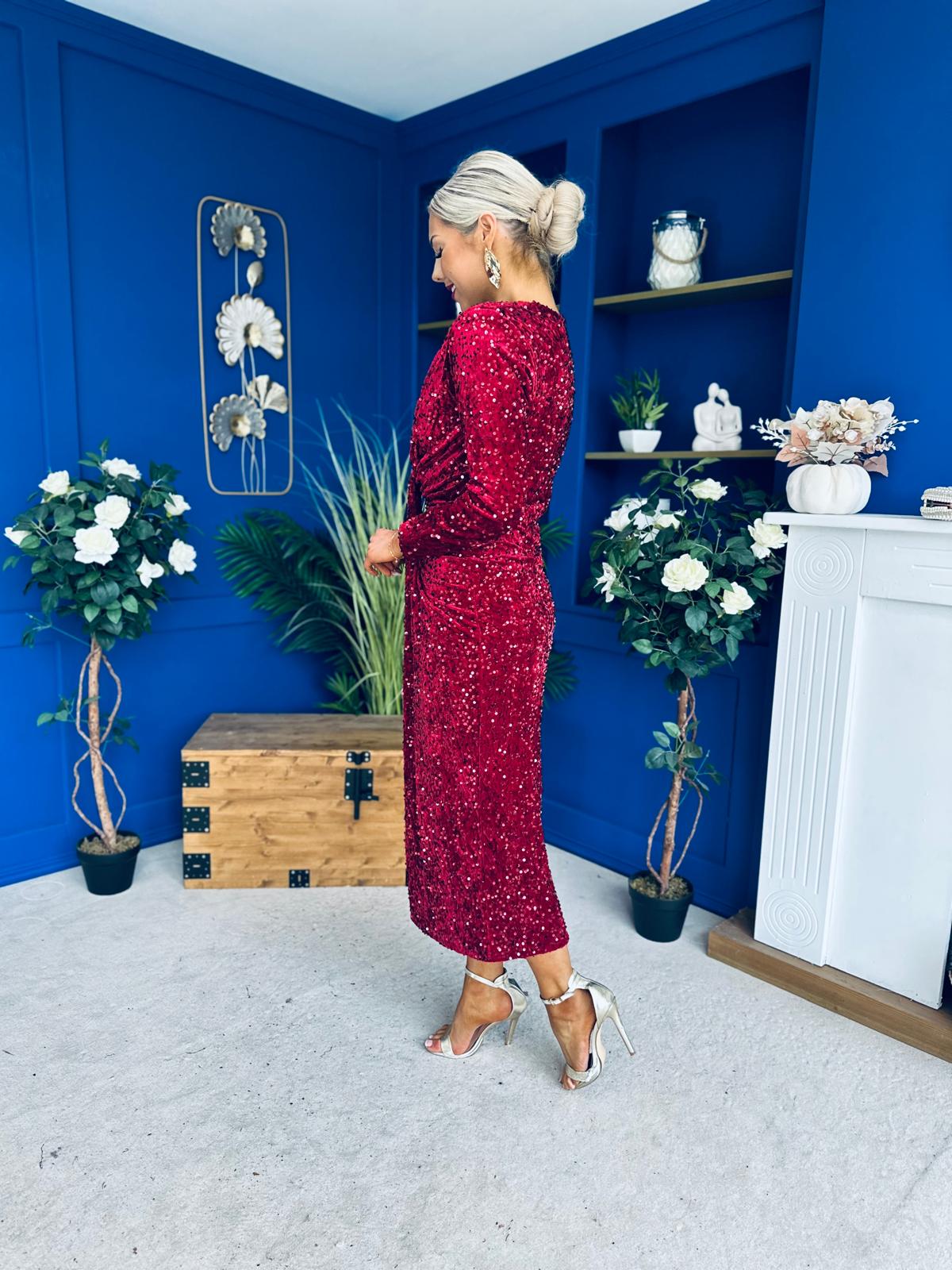 Darcy Sequin Occasion Midi Dress Wine