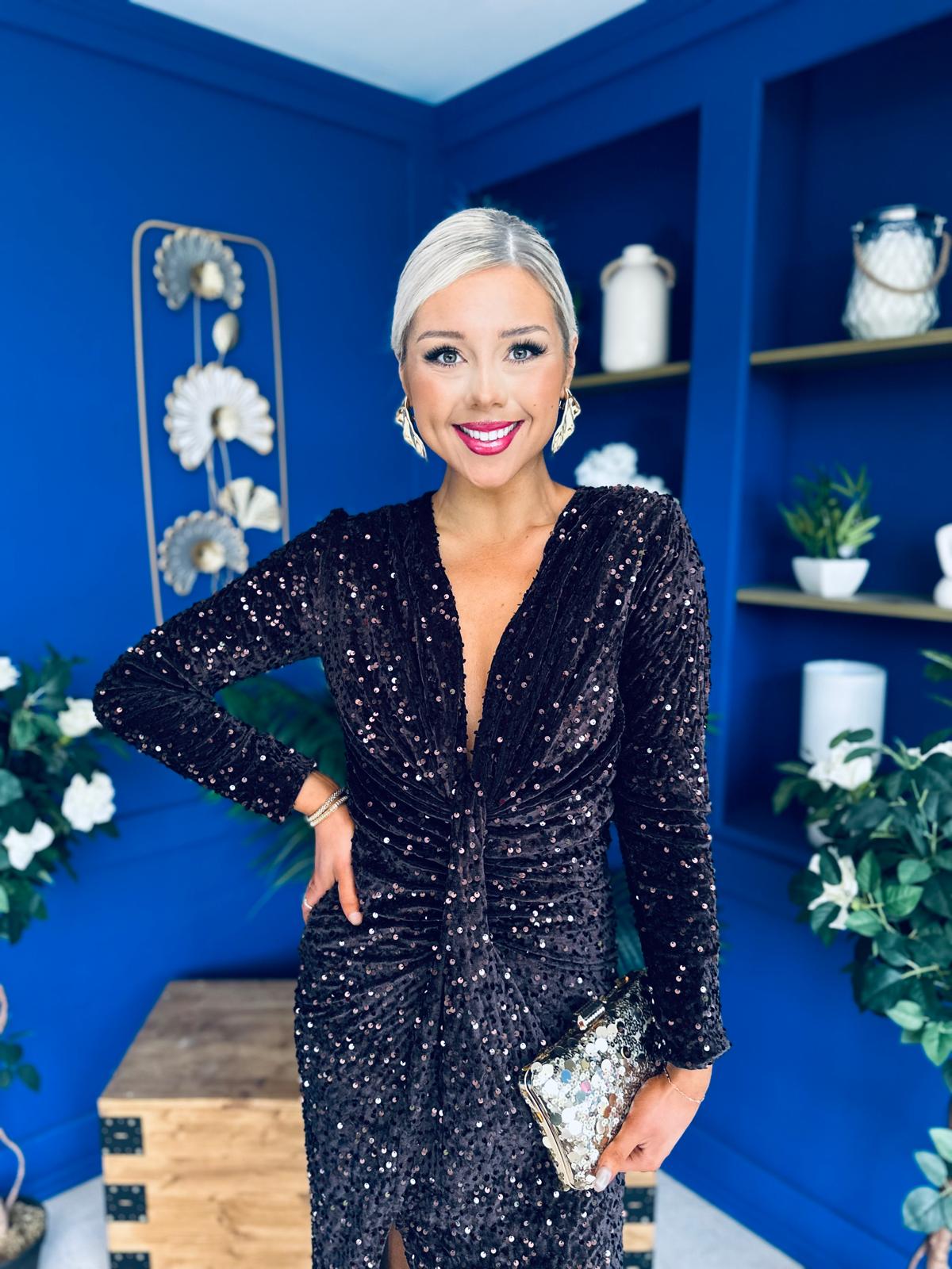 Darcy Sequin Occasion Midi Dress Coffee