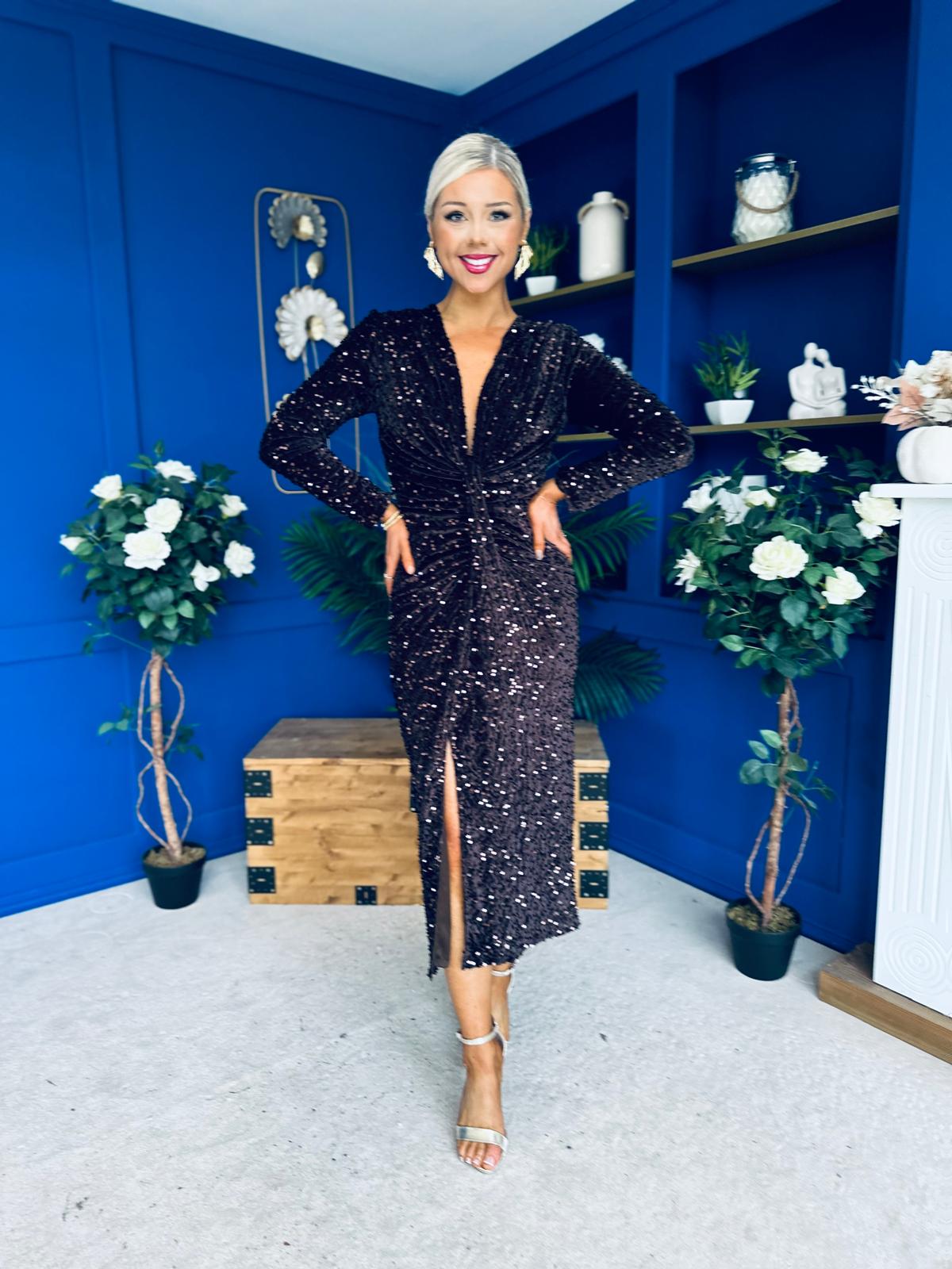 Darcy Sequin Occasion Midi Dress Coffee