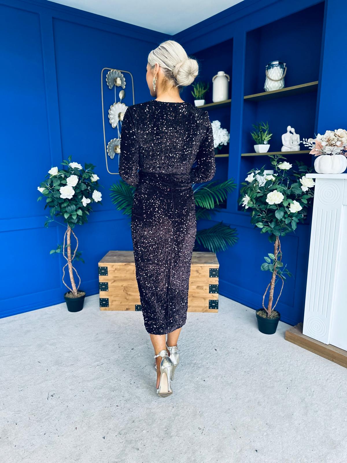Darcy Sequin Occasion Midi Dress Coffee