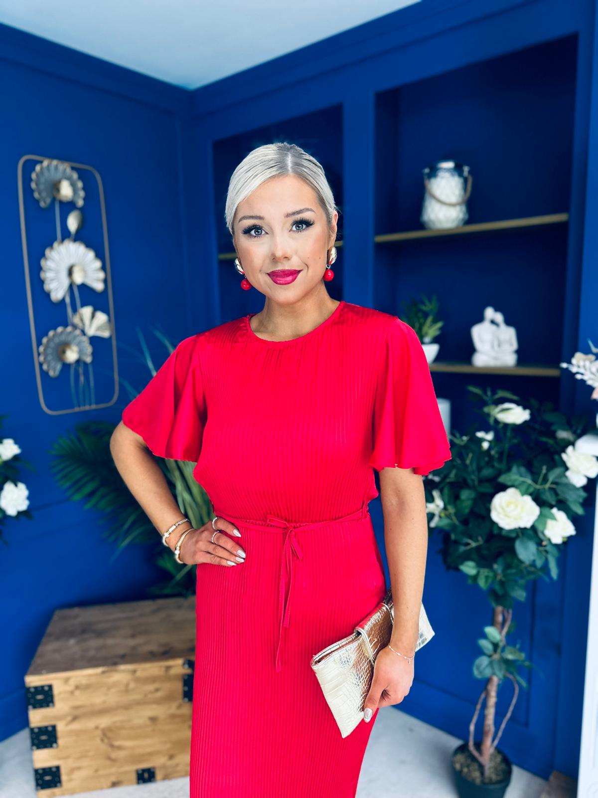 Sadie Plisse Detail Midi Dress Red