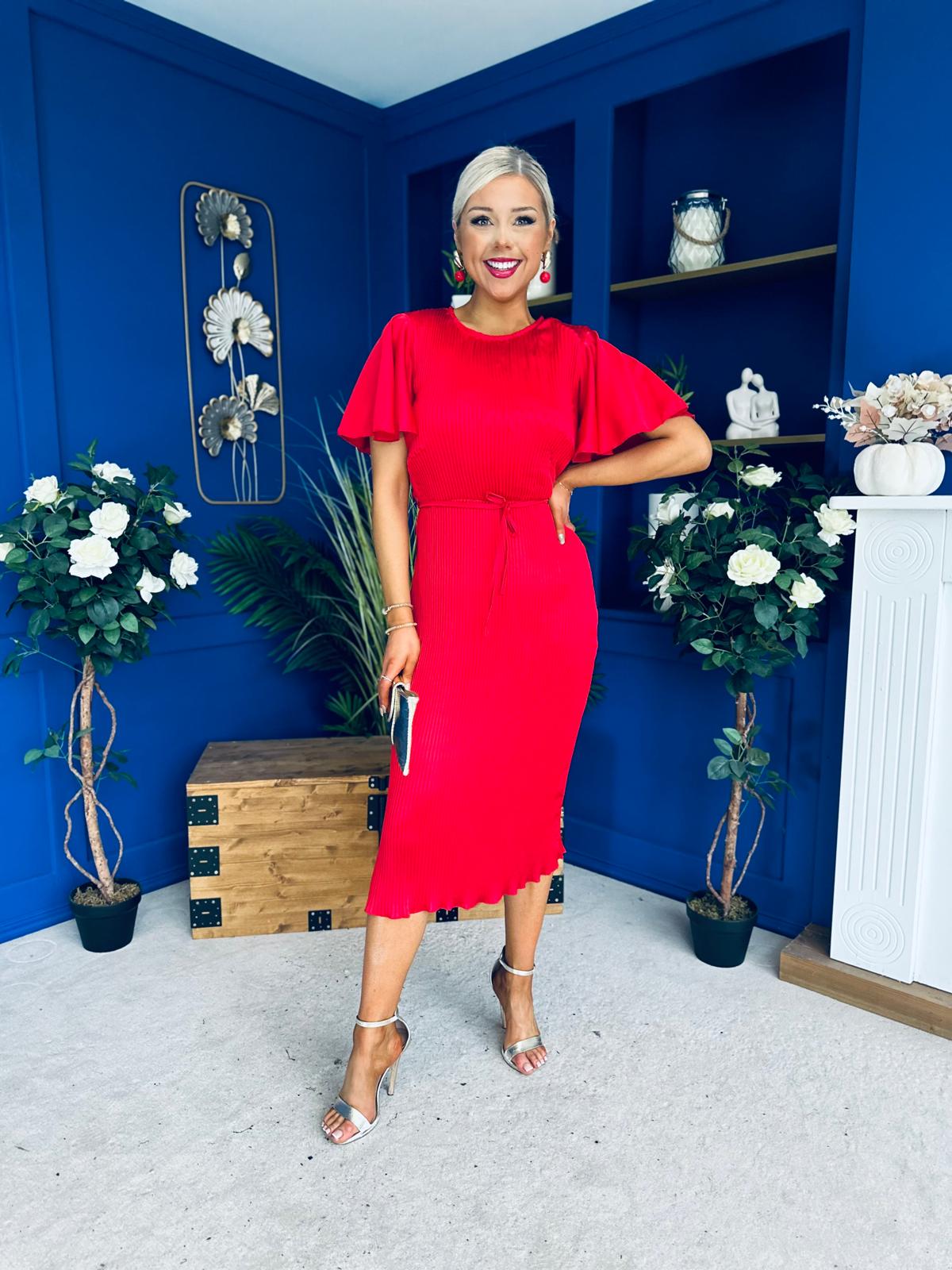 Sadie Plisse Detail Midi Dress Red