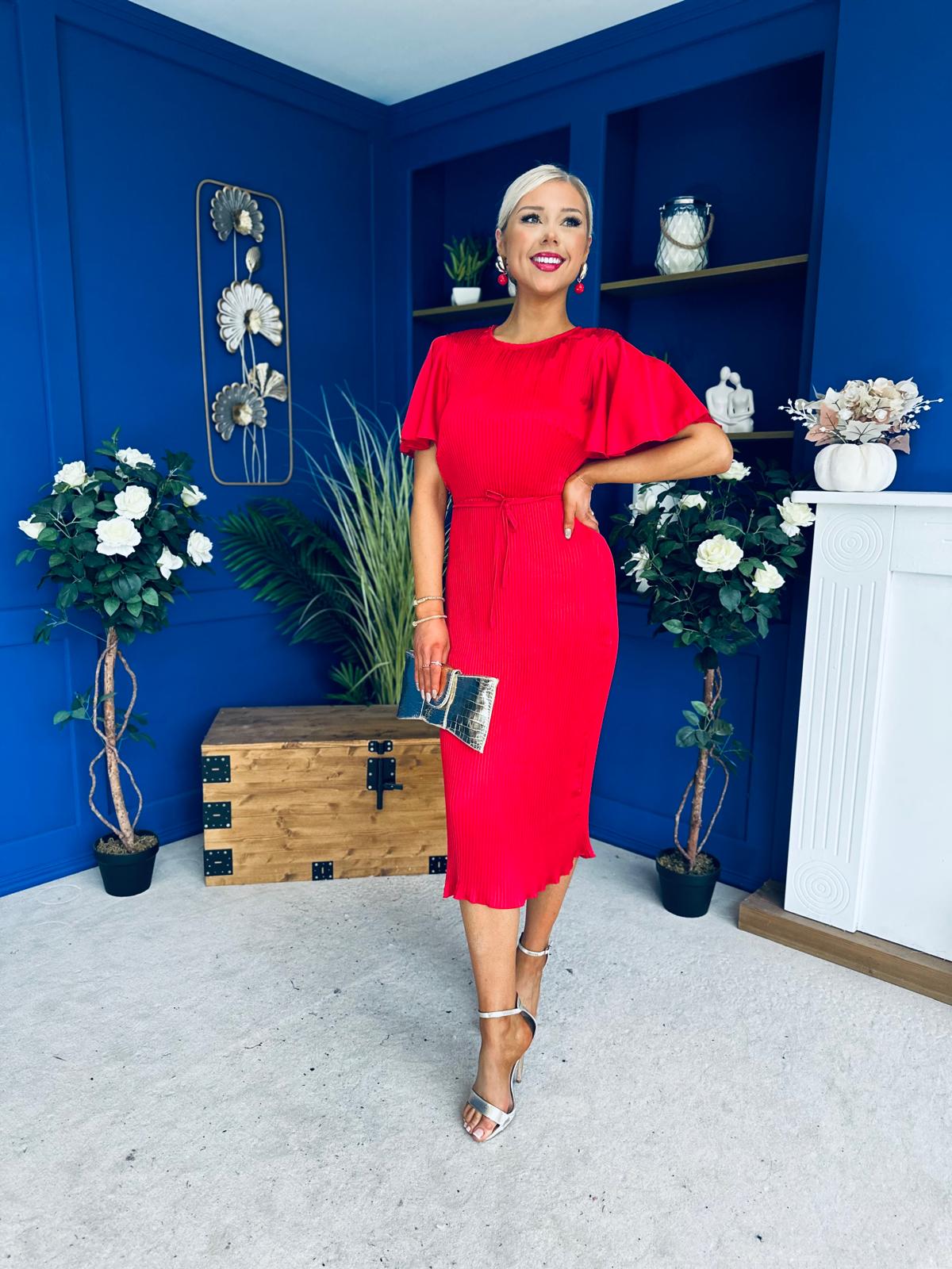 Sadie Plisse Detail Midi Dress Red