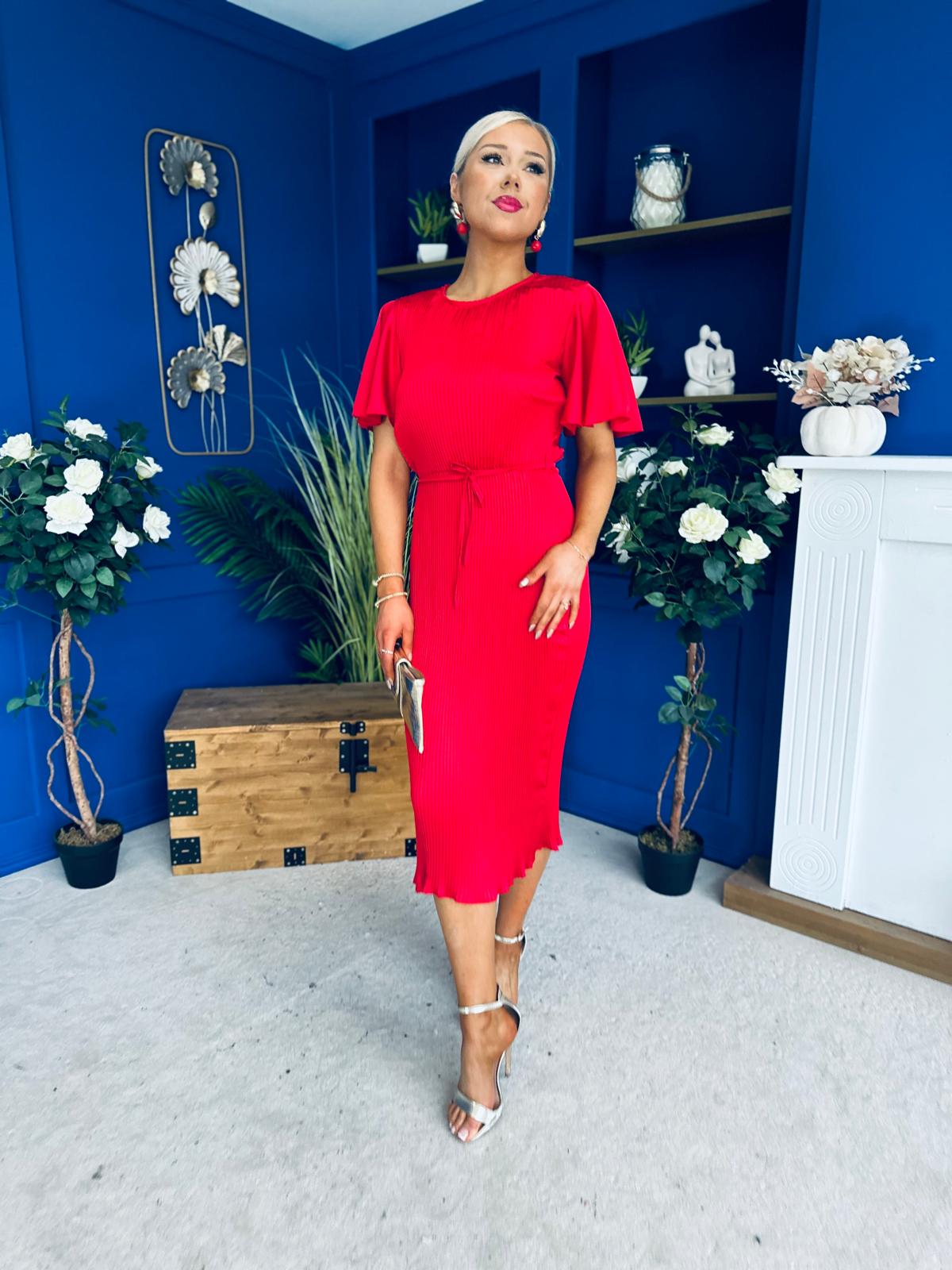 Sadie Plisse Detail Midi Dress Red