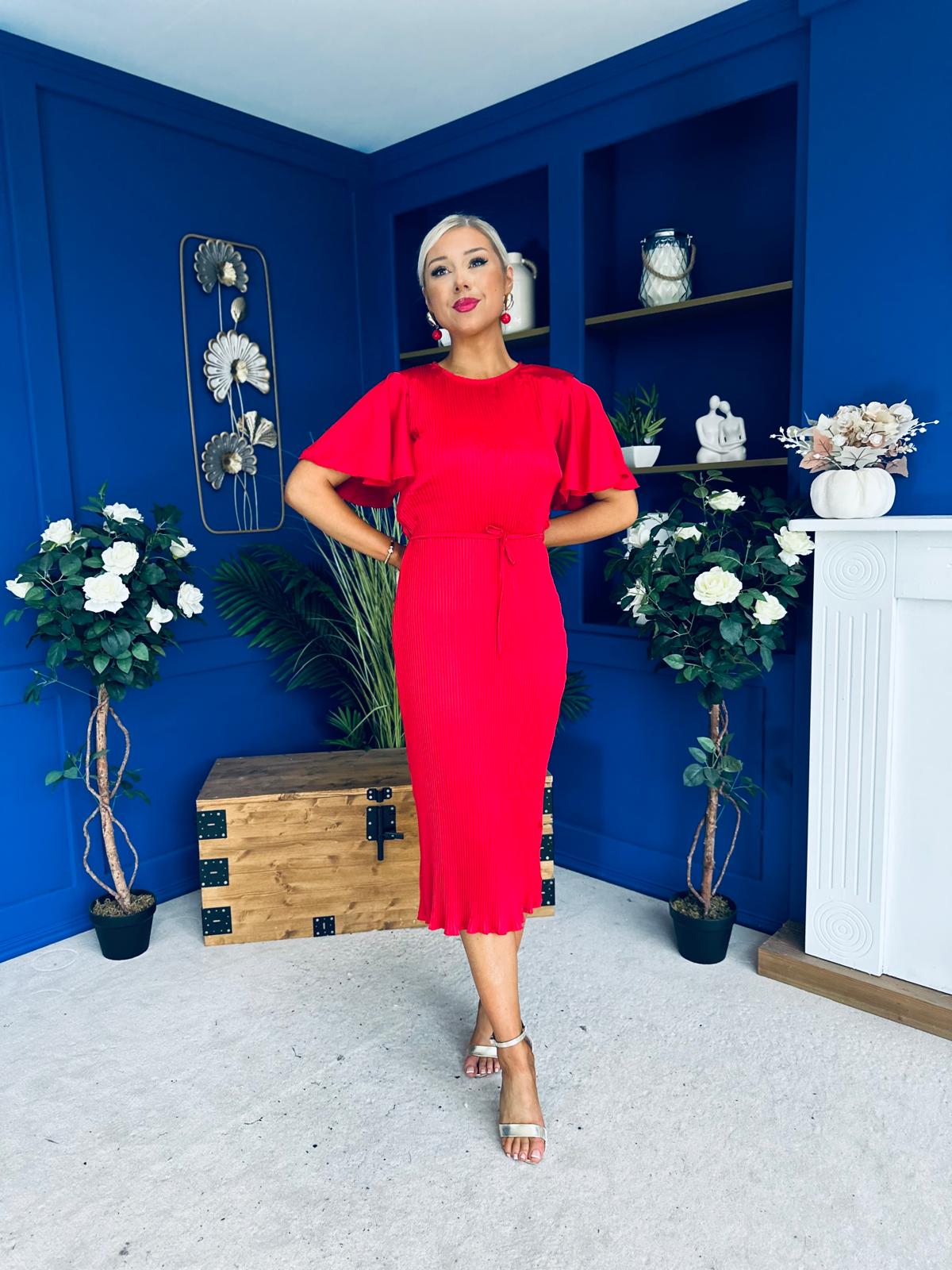 Sadie Plisse Detail Midi Dress Red