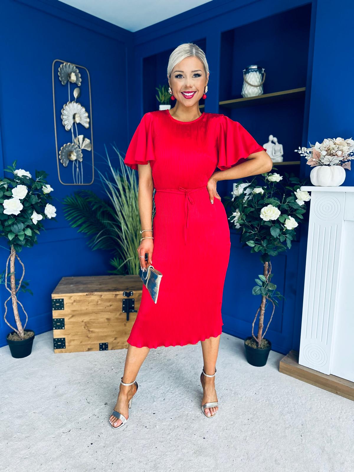 Sadie Plisse Detail Midi Dress Red