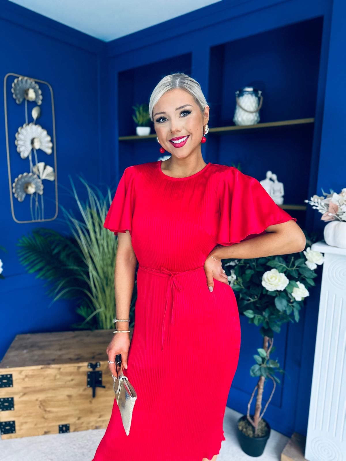 Sadie Plisse Detail Midi Dress Red