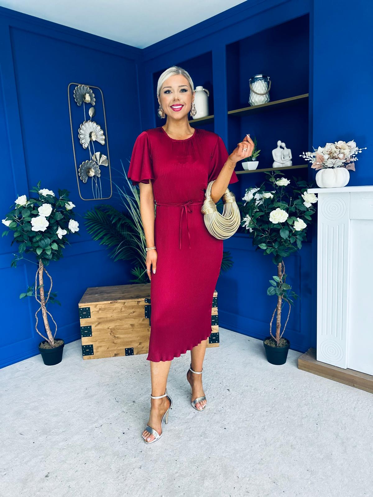 Sadie Plisse Detail Midi Dress Wine