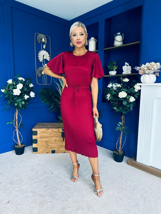 Sadie Plisse Detail Midi Dress Wine