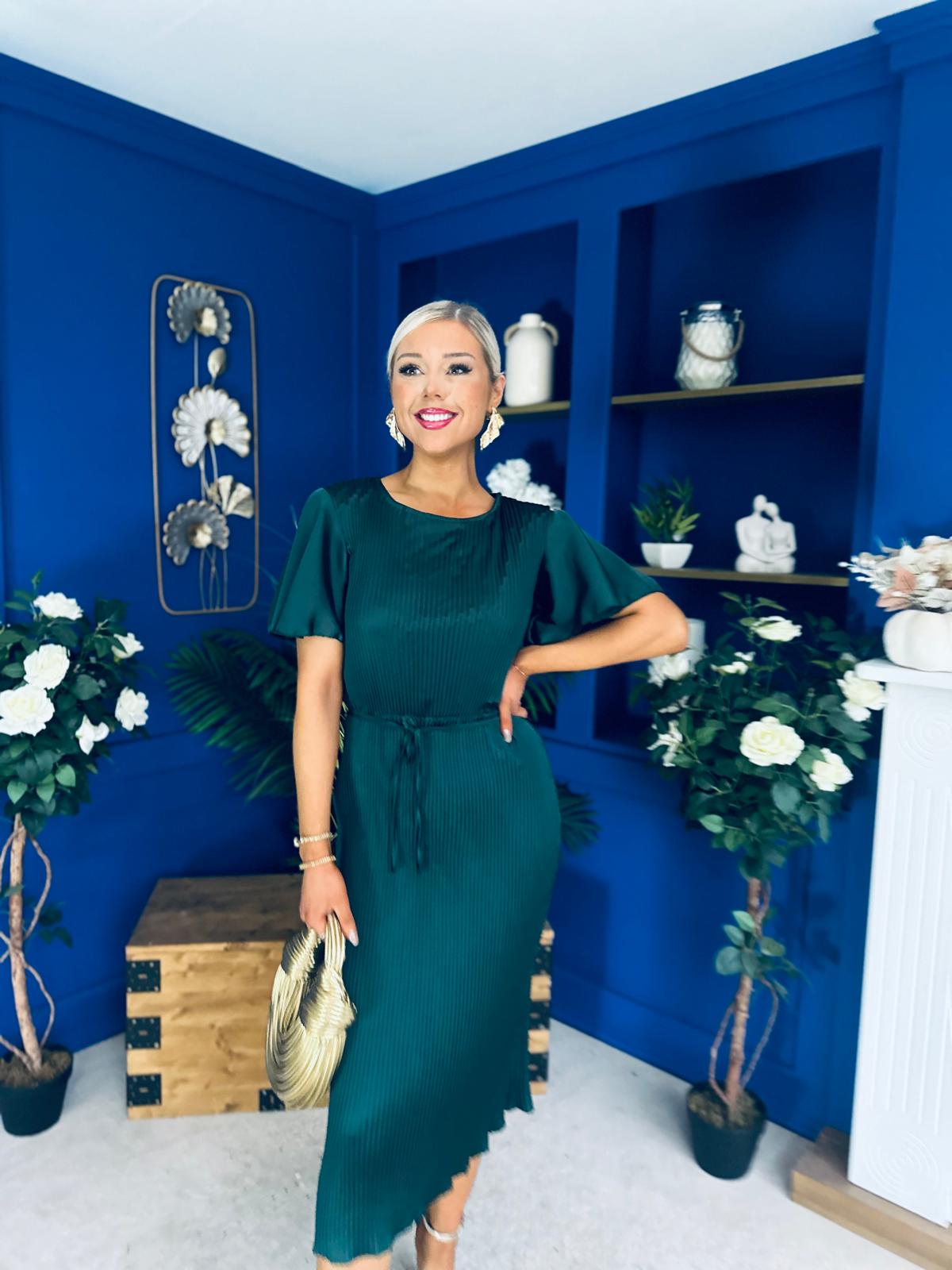 Sadie Plisse Detail Midi Dress Forest