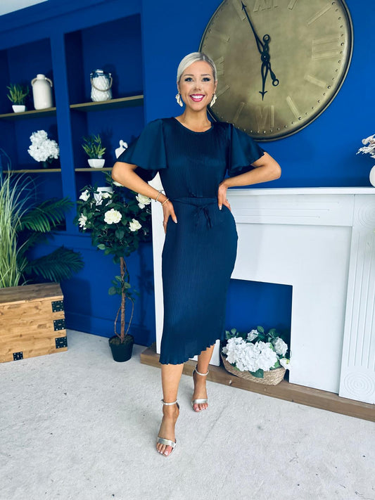 Sadie Plisse Detail Midi Dress Navy