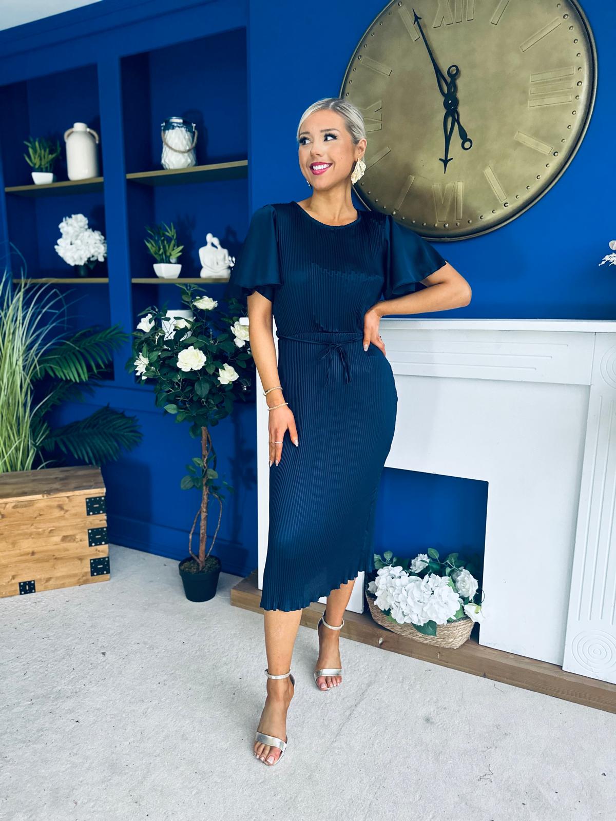 Sadie Plisse Detail Midi Dress Navy