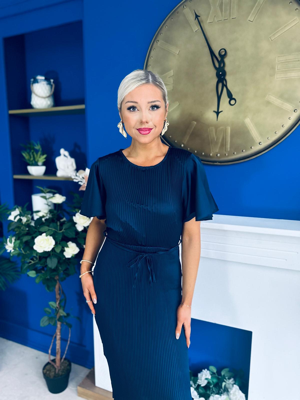 Sadie Plisse Detail Midi Dress Navy