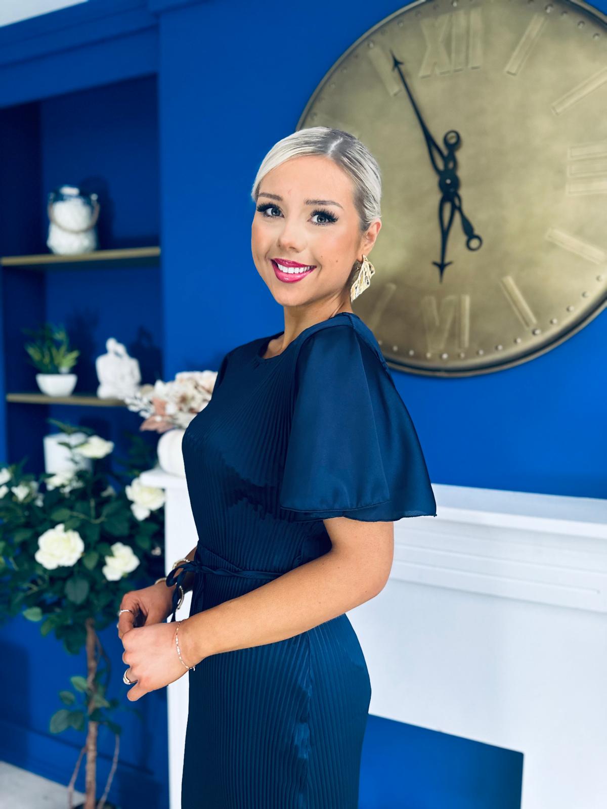 Sadie Plisse Detail Midi Dress Navy