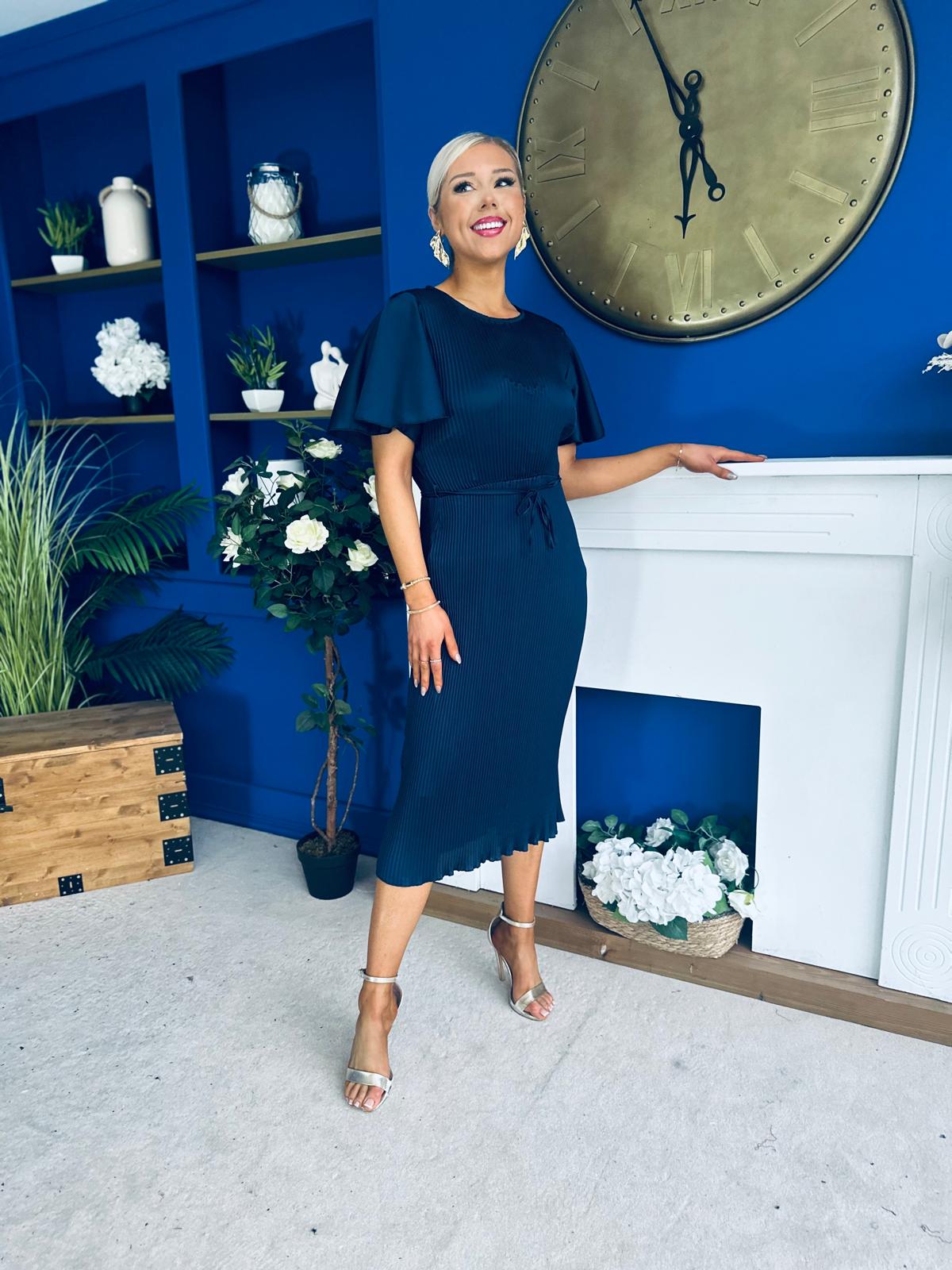 Sadie Plisse Detail Midi Dress Navy