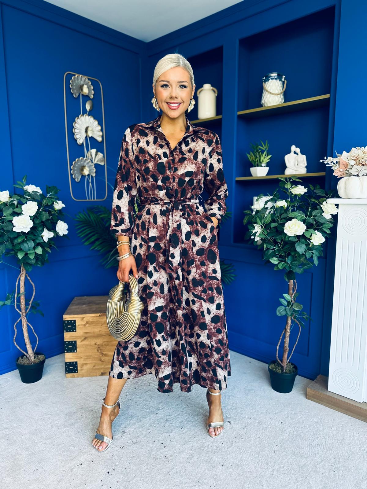 Angela Long Sleeve Maxi Shirt Dress Brown