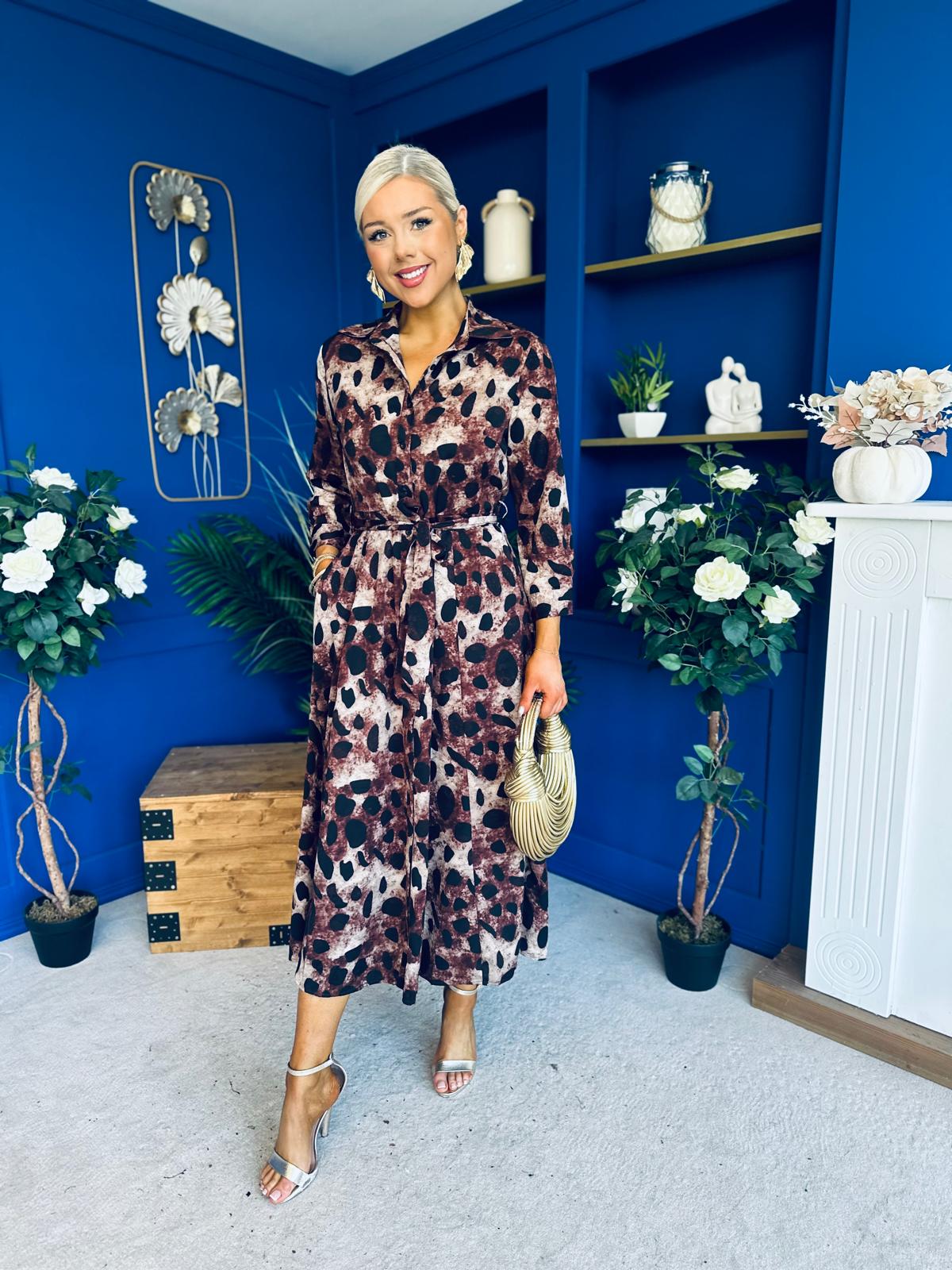 Angela Long Sleeve Maxi Shirt Dress Brown