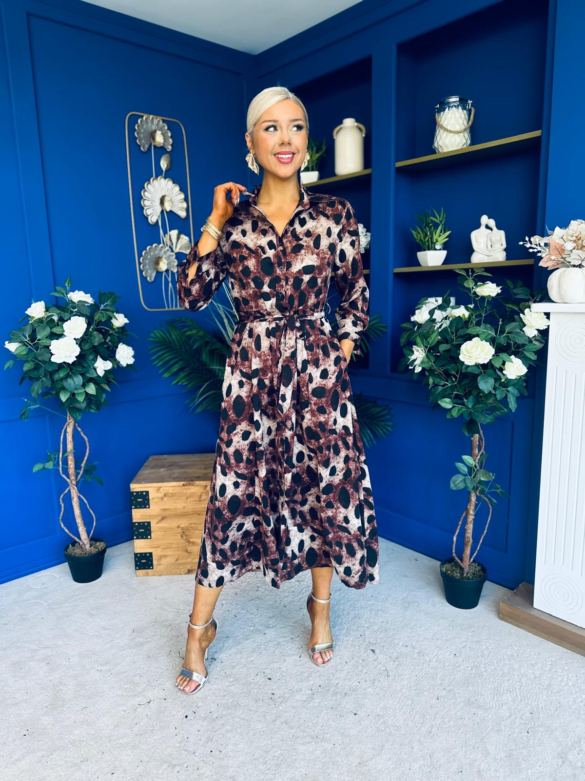 Angela Long Sleeve Maxi Shirt Dress Brown