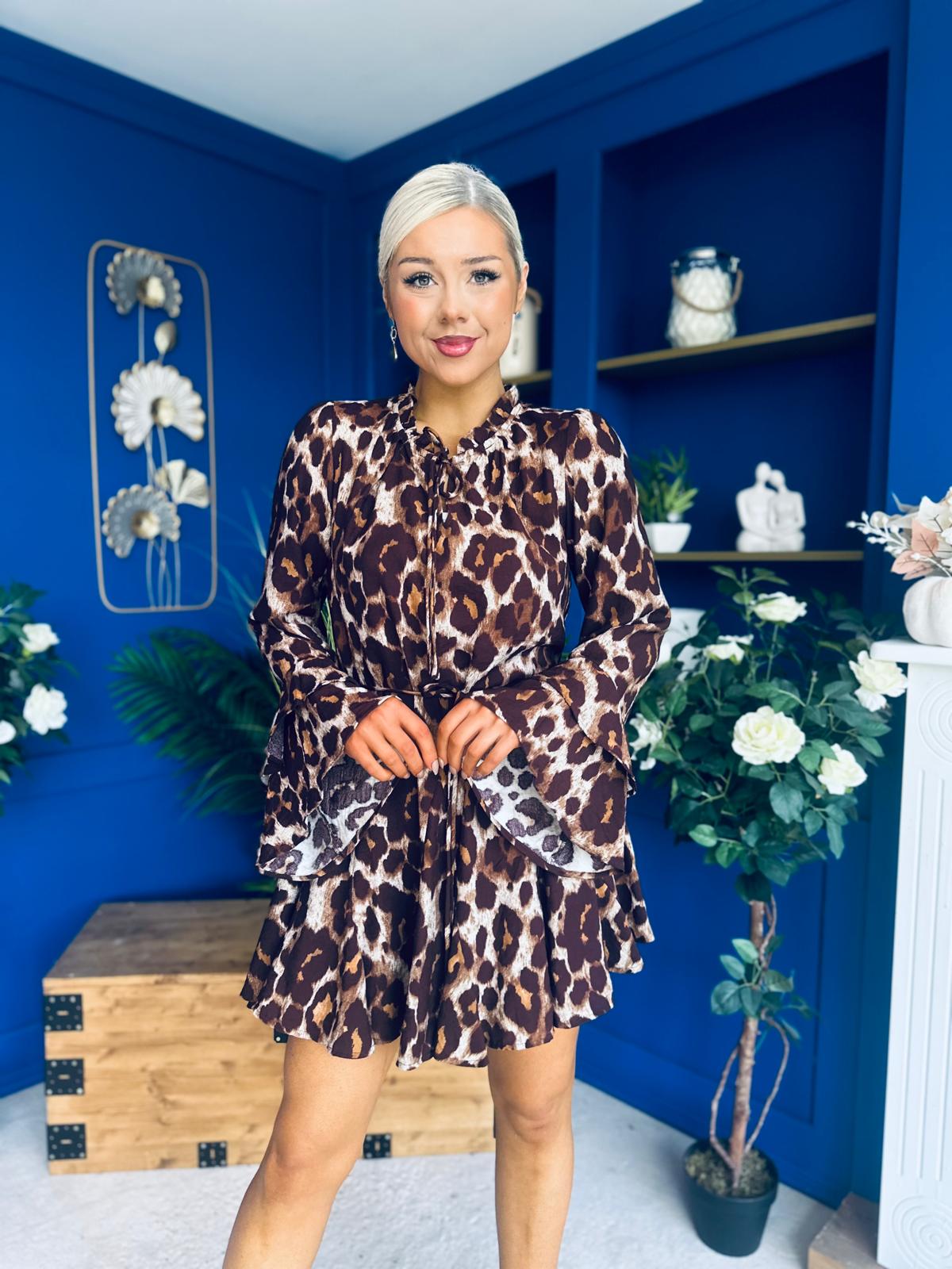 Melinda High Neck Mini Dress Leopard