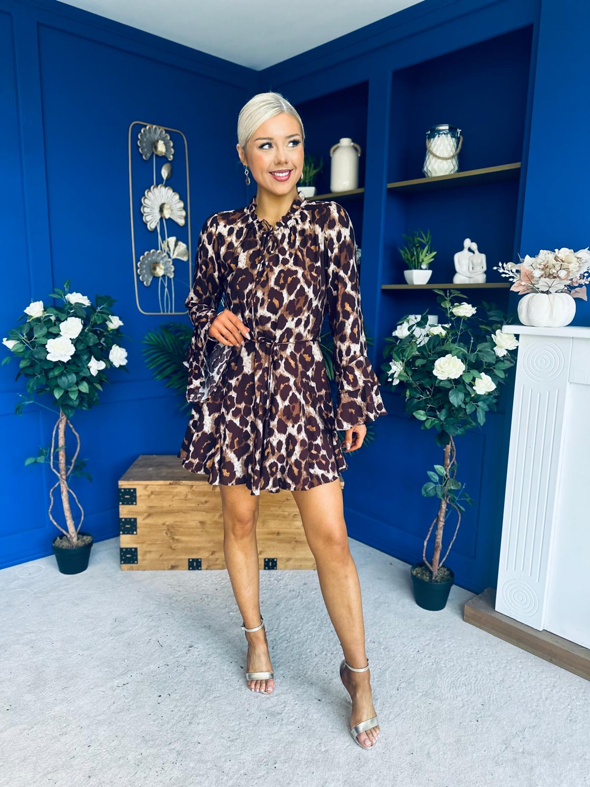 Melinda High Neck Mini Dress Leopard