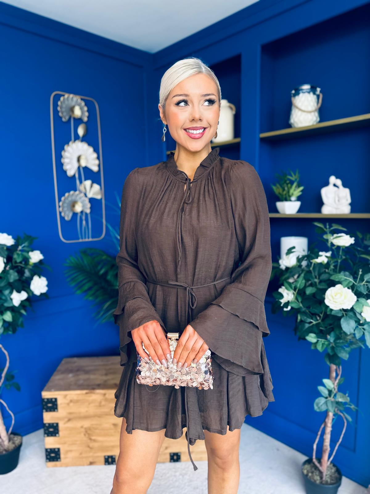 Nina High Neck Mini Dress Chocolate