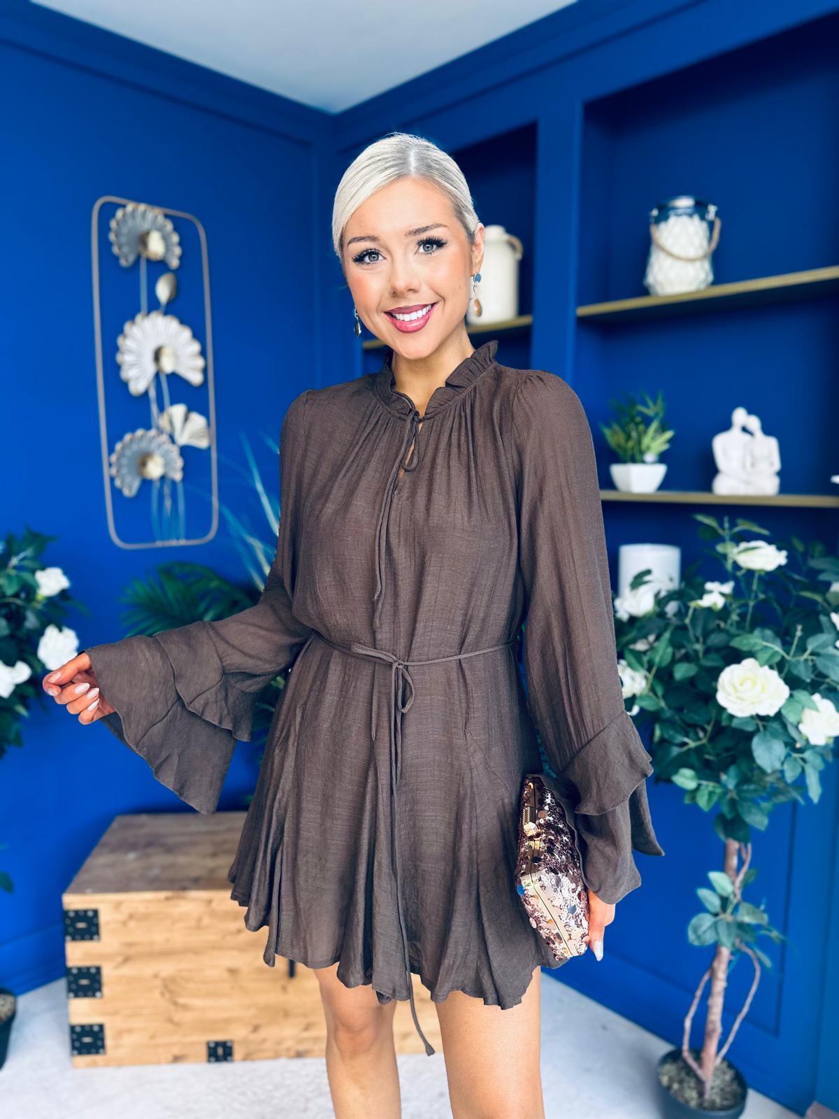 Nina High Neck Mini Dress Chocolate