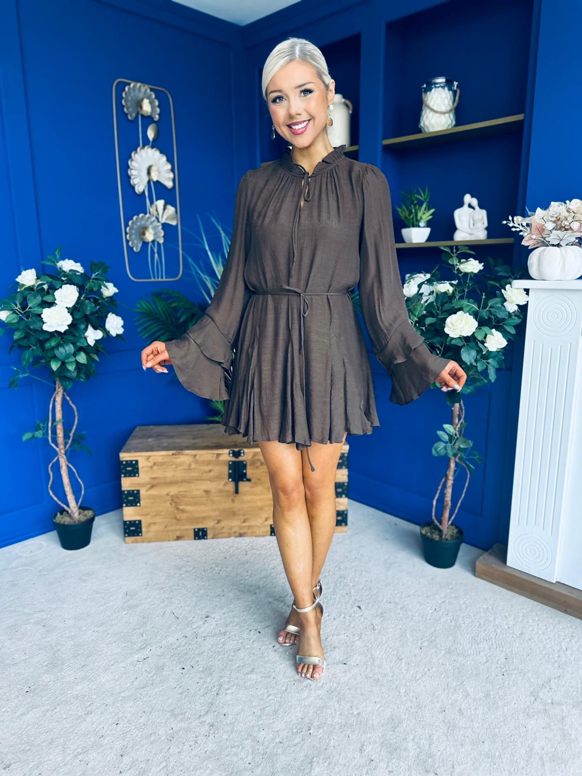 Nina High Neck Mini Dress Chocolate