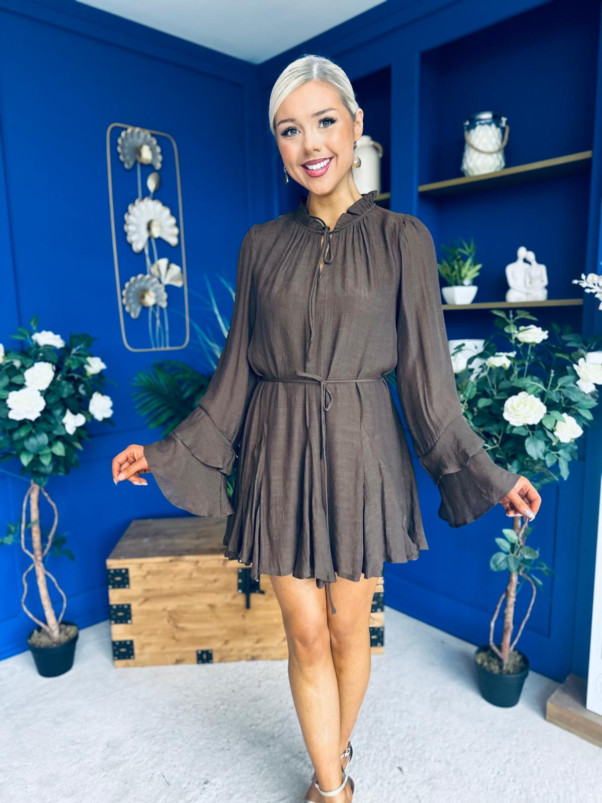 Nina High Neck Mini Dress Chocolate