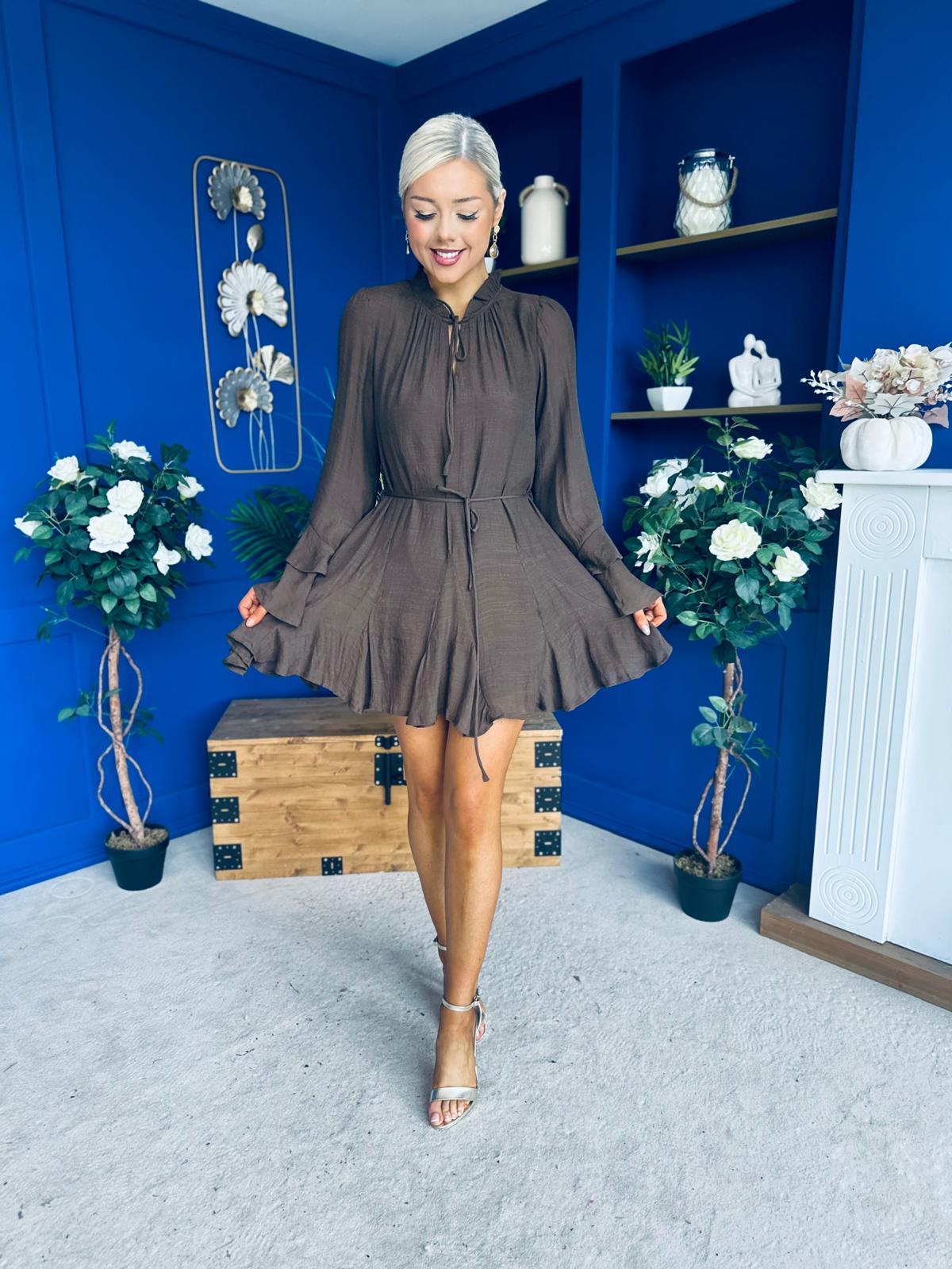 Nina High Neck Mini Dress Chocolate