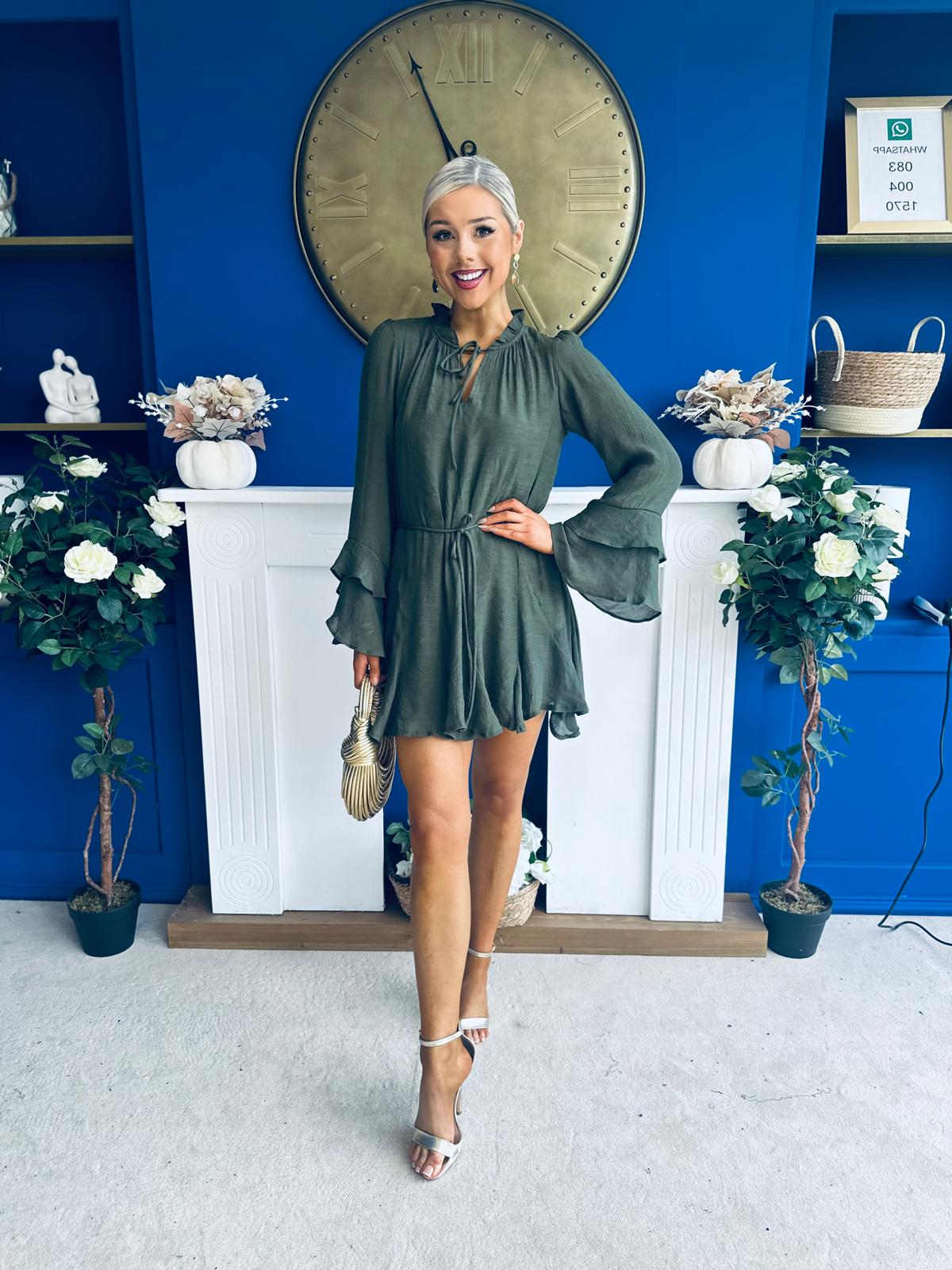 Nina High Neck Mini Dress Khaki