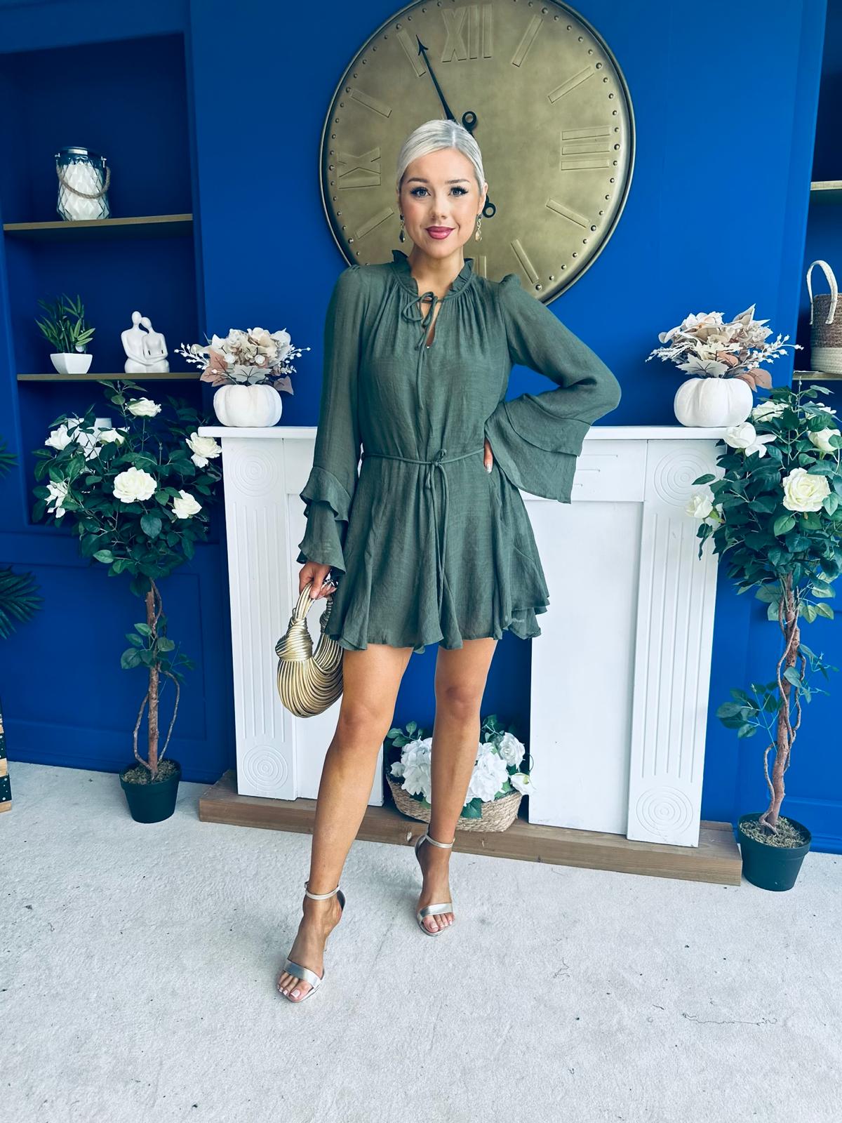 Nina High Neck Mini Dress Khaki