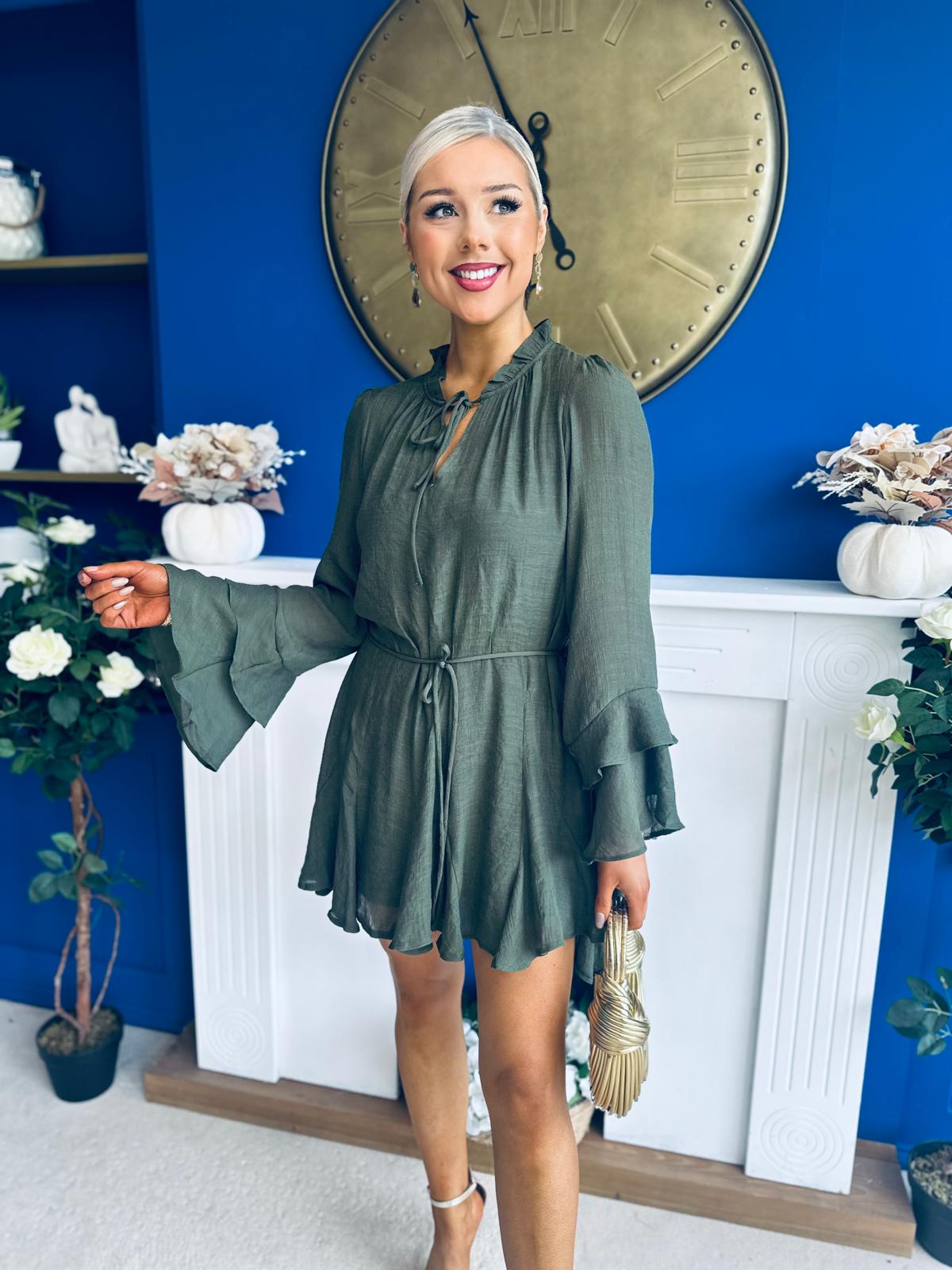 Nina High Neck Mini Dress Khaki