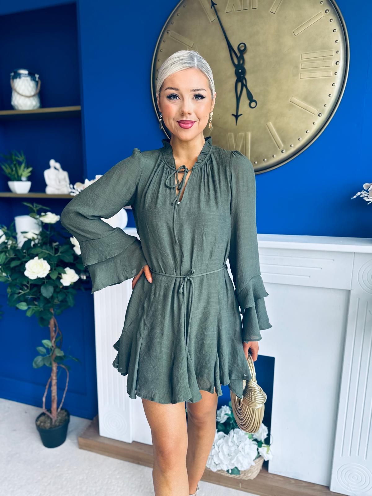 Nina High Neck Mini Dress Khaki